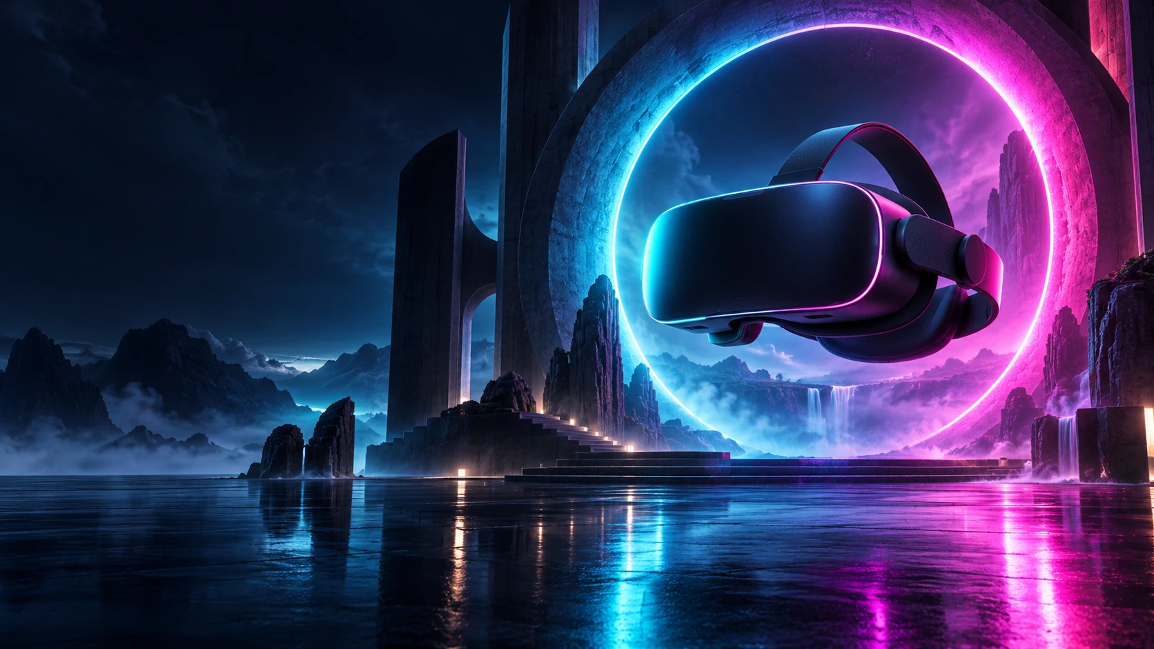 Illustration d’un casque VR au centre d’un portail monumental cyan et fuchsia, dans un paysage nocturne.