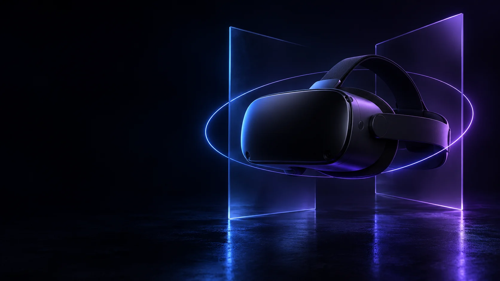 Illustration d’un casque VR entouré de volumes et de lumières bleu électrique et violet.