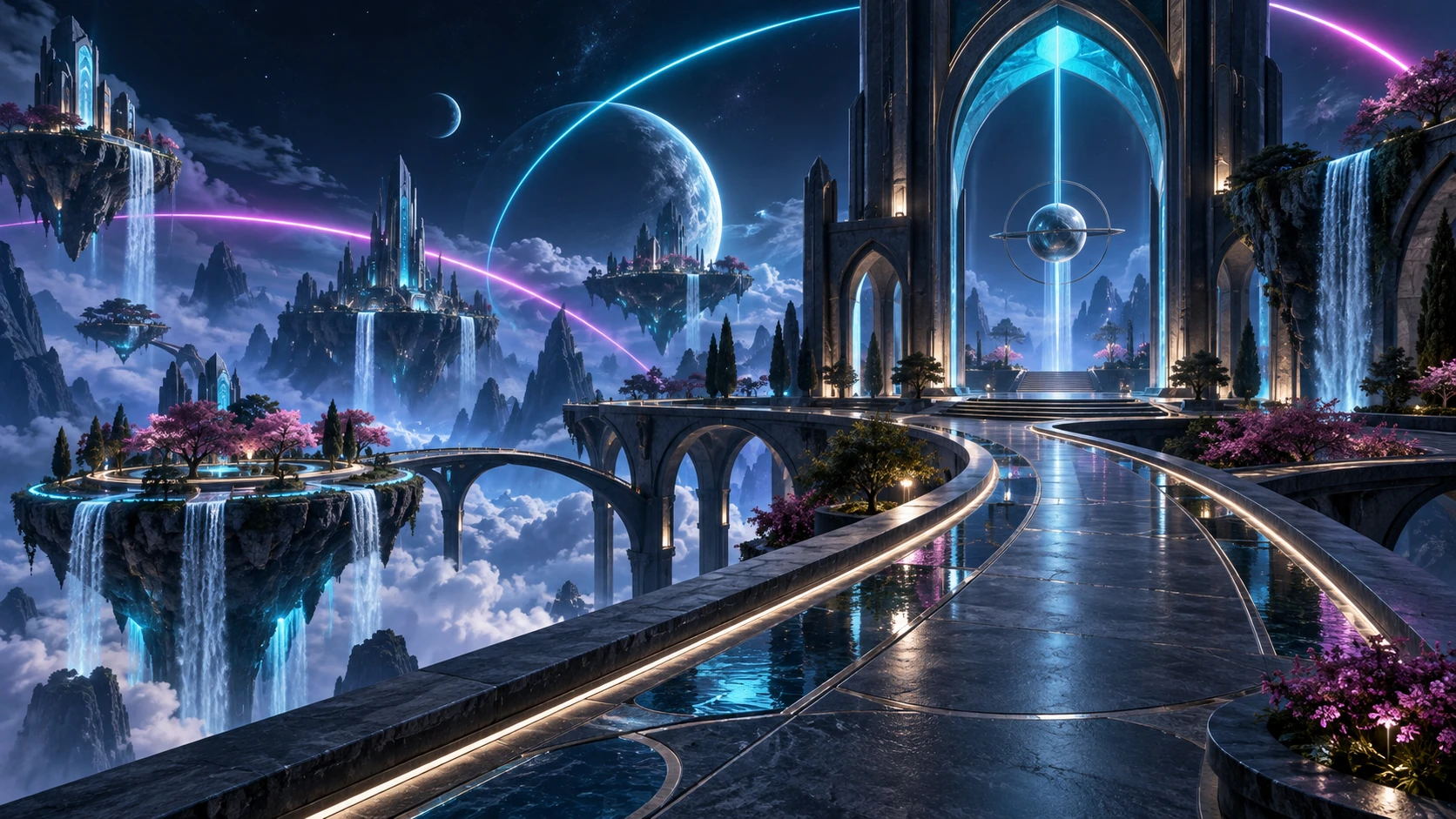 Univers virtuel avec jardins suspendus et arches lumineuses cyan et fuchsia.