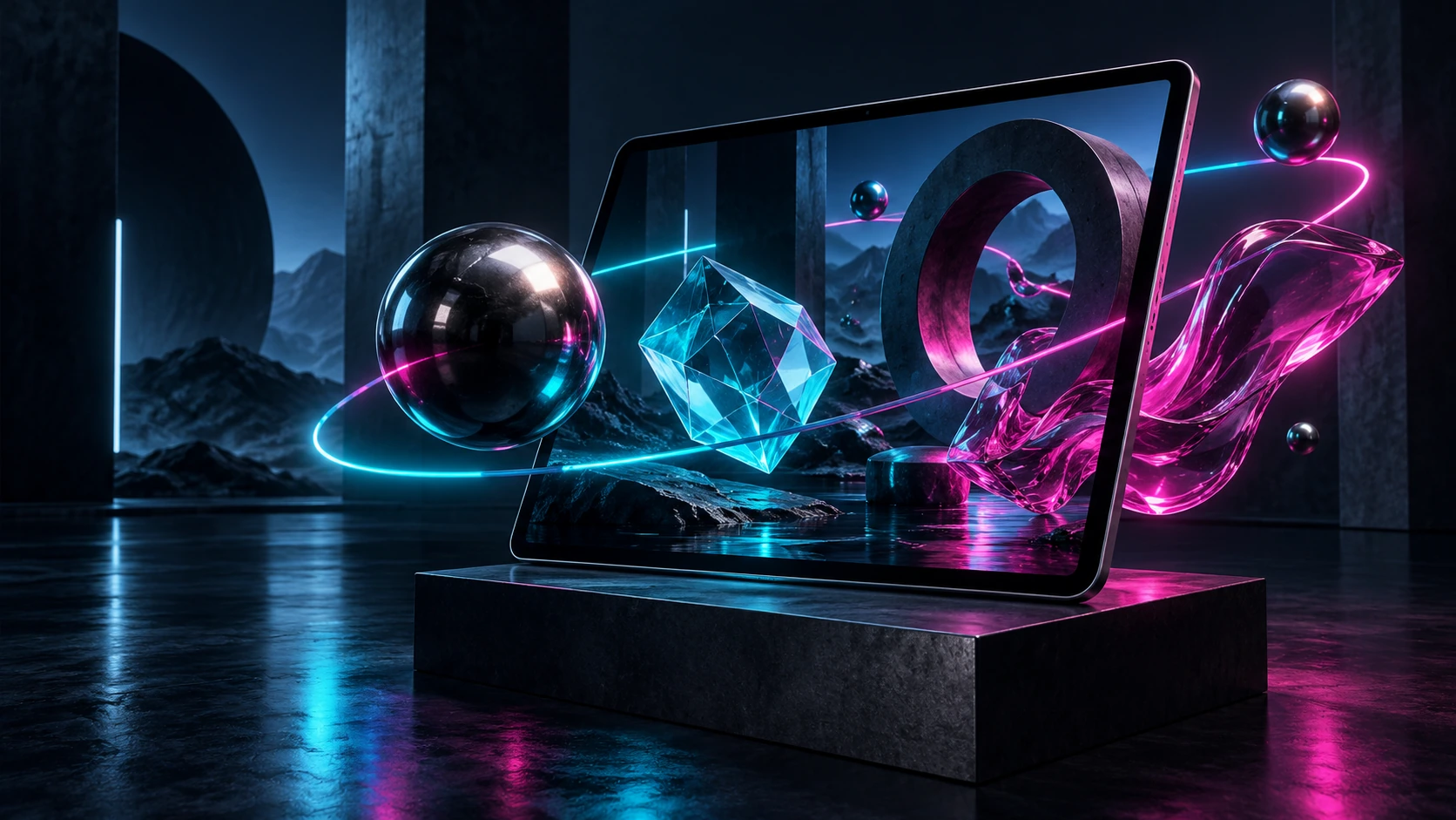 Illustration d’un univers 3D qui se déploie autour d’une tablette, avec des objets et des trajectoires lumineuses.